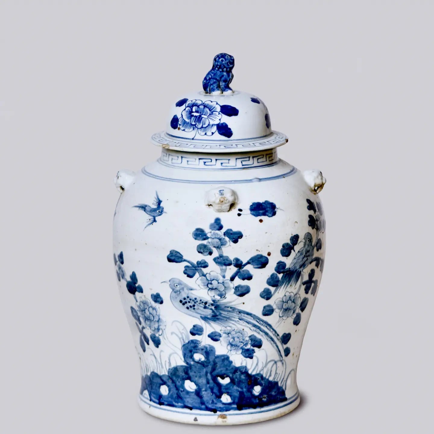 Blue & White Bird & Flower Temple Jar