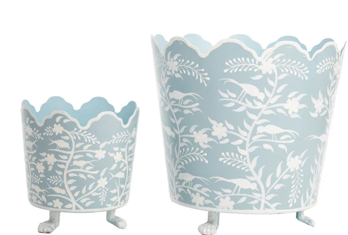 Large Pale Blue & White Scalloped Footed Planter