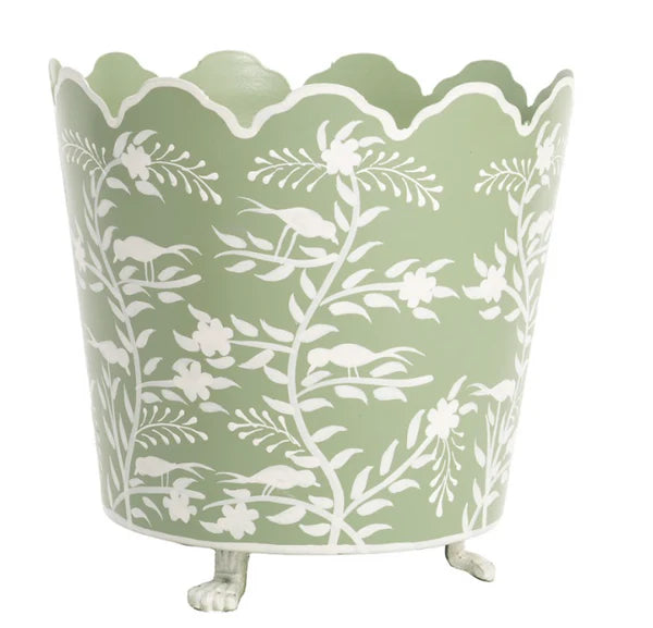 Large Green & White Scalloped Footed Planter