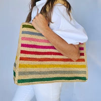 Mae Rainbow Raffia Tote with heart bag charm