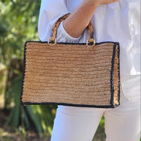 Tan and Black Piper Raffia Bamboo Bag