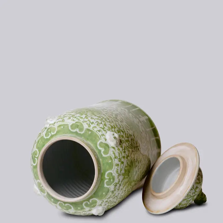 Green and White Porcelain Scrolling Lotus Temple Jar