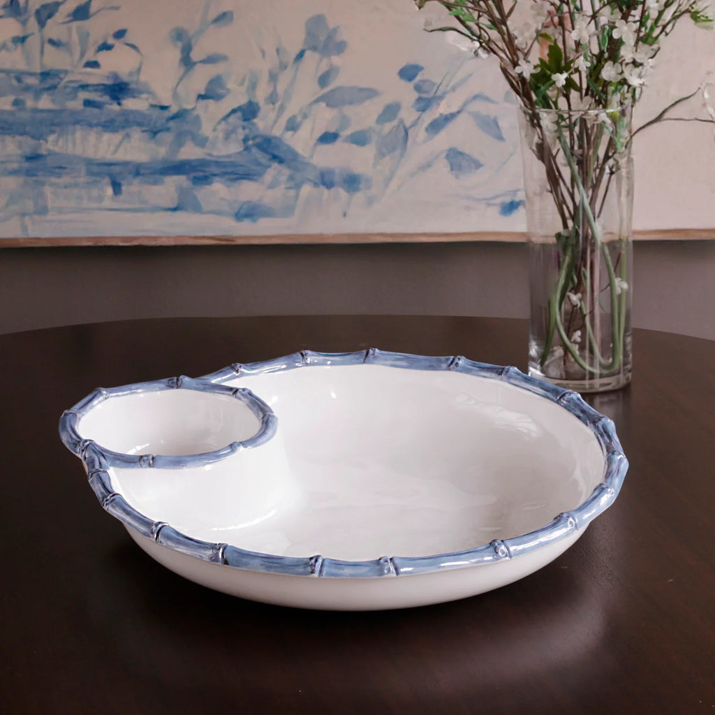 VIDA Bamboo Large Chip & Dip Bowl (White & Blue)