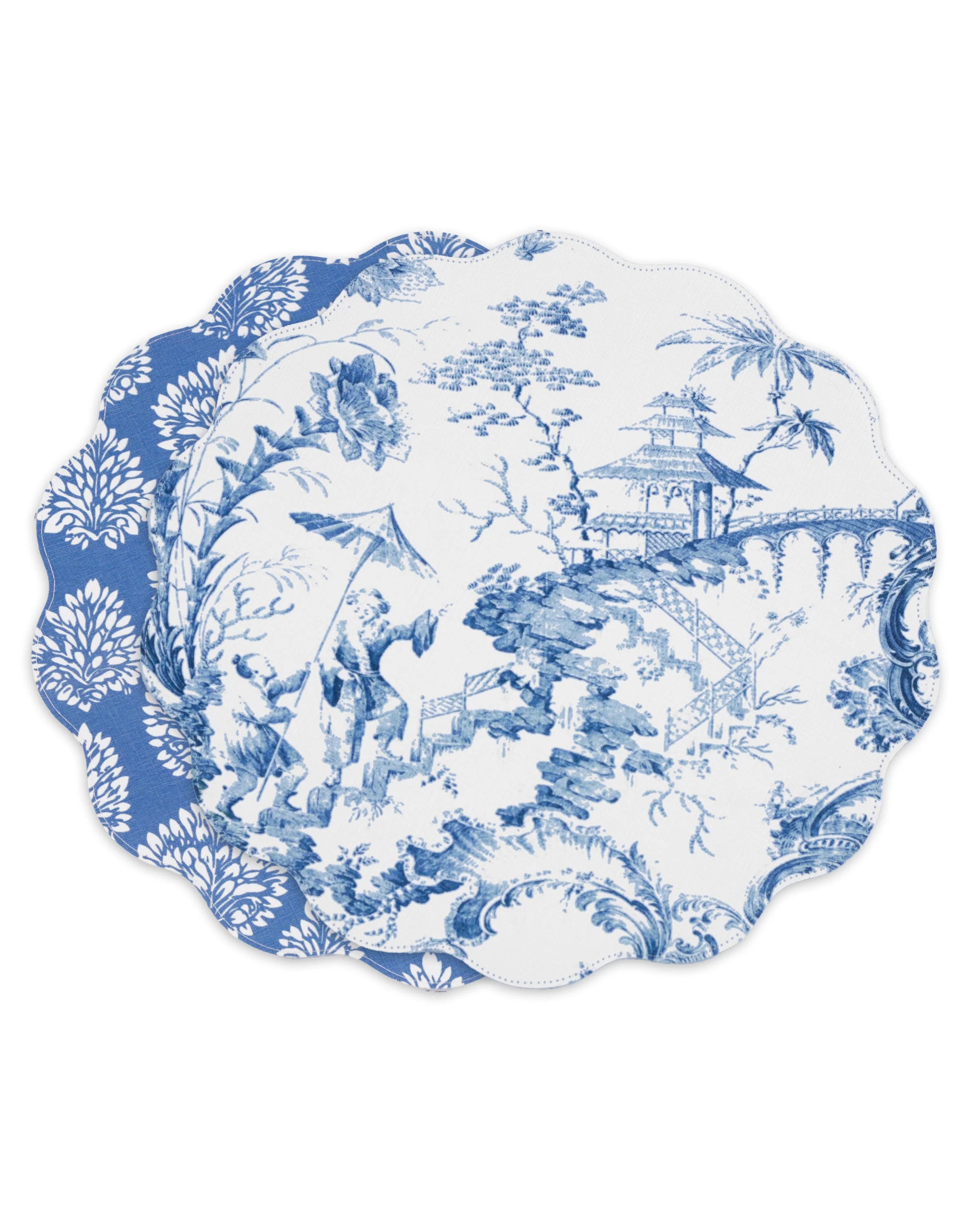 VIDA Chinoiserie Reversible Round Placemats (Set of 4, Blue & White)