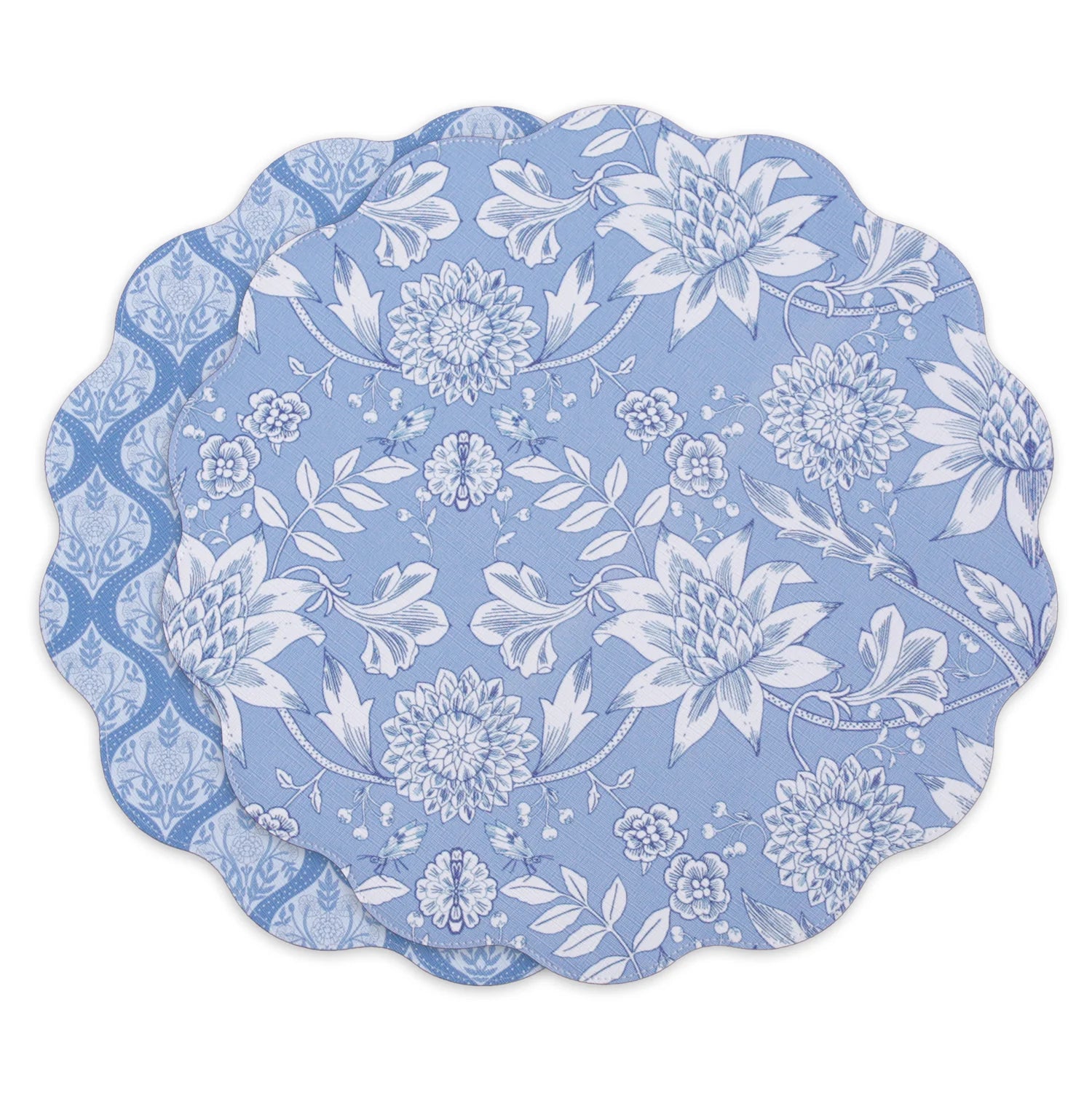 VIDA Flowers & Pattern Reversible Round Placemats (Set of 4, Blue & White)