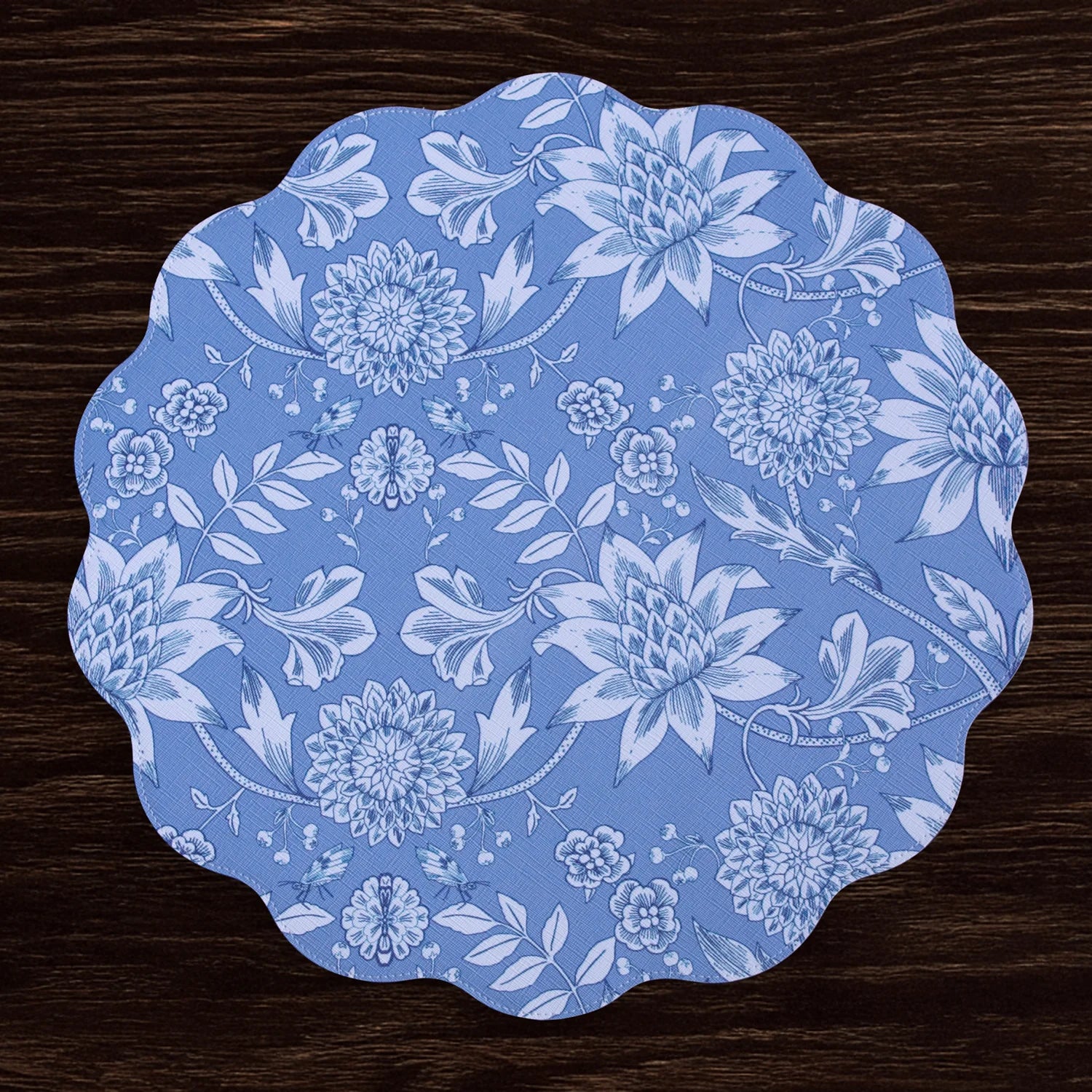 VIDA Flowers & Pattern Reversible Round Placemats (Set of 4, Blue & White)