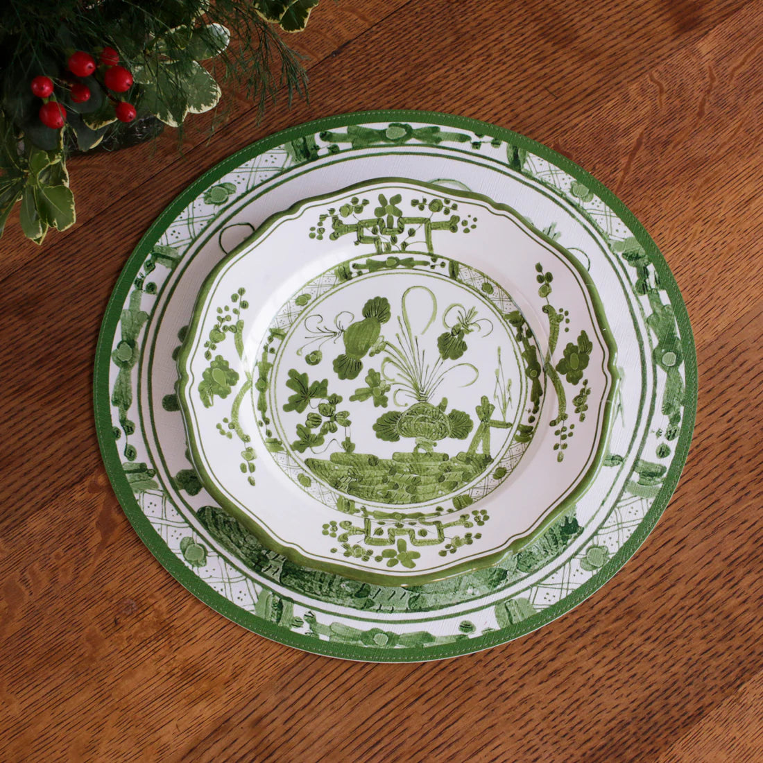 VIDA Faenza 11" Dinner Plate Set of 4 (White & Green)