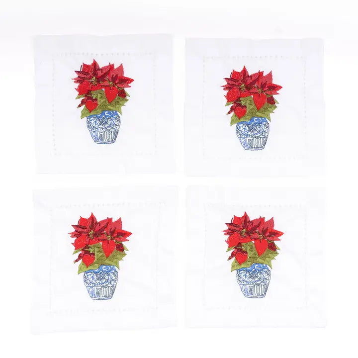 S/4 Poinsettia Embroidered Cocktail Napkins