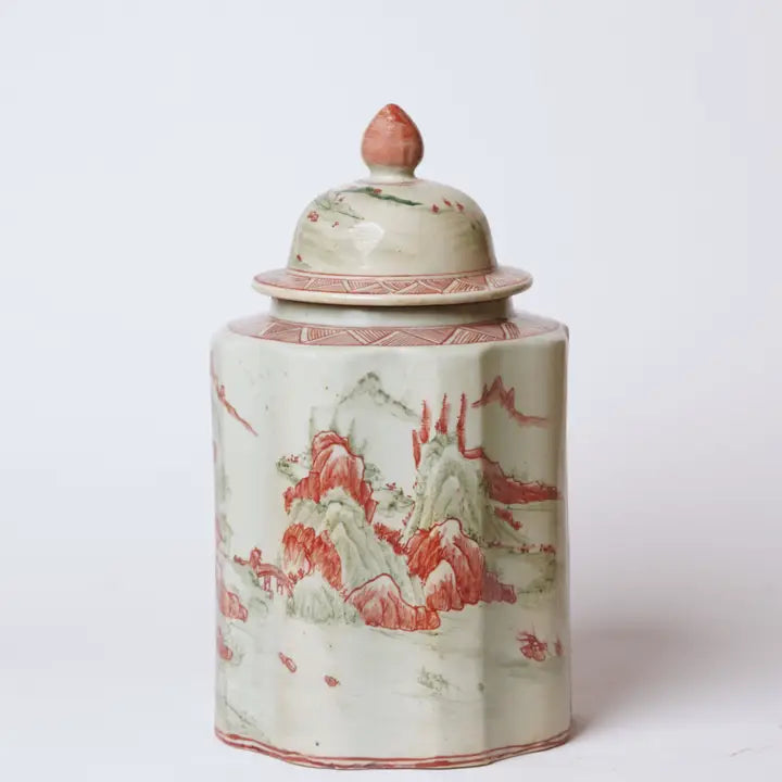 Pink and Green Porcelain Landscape Ribbed Lidded Jar