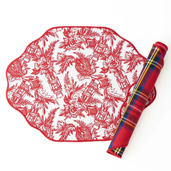 S/4 Nutcracker Toile/Plaid Reversible Scalloped Placemats