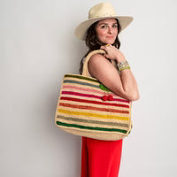 Mae Rainbow Raffia Tote with heart bag charm