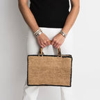 Tan and Black Piper Raffia Bamboo Bag