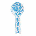 Arezzo aqua spoon rest featuring a floral design in blue on a white background, with a curved handle.
