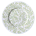 Olivier charger plate in white with green leaf patterns, featuring a smooth, round design.