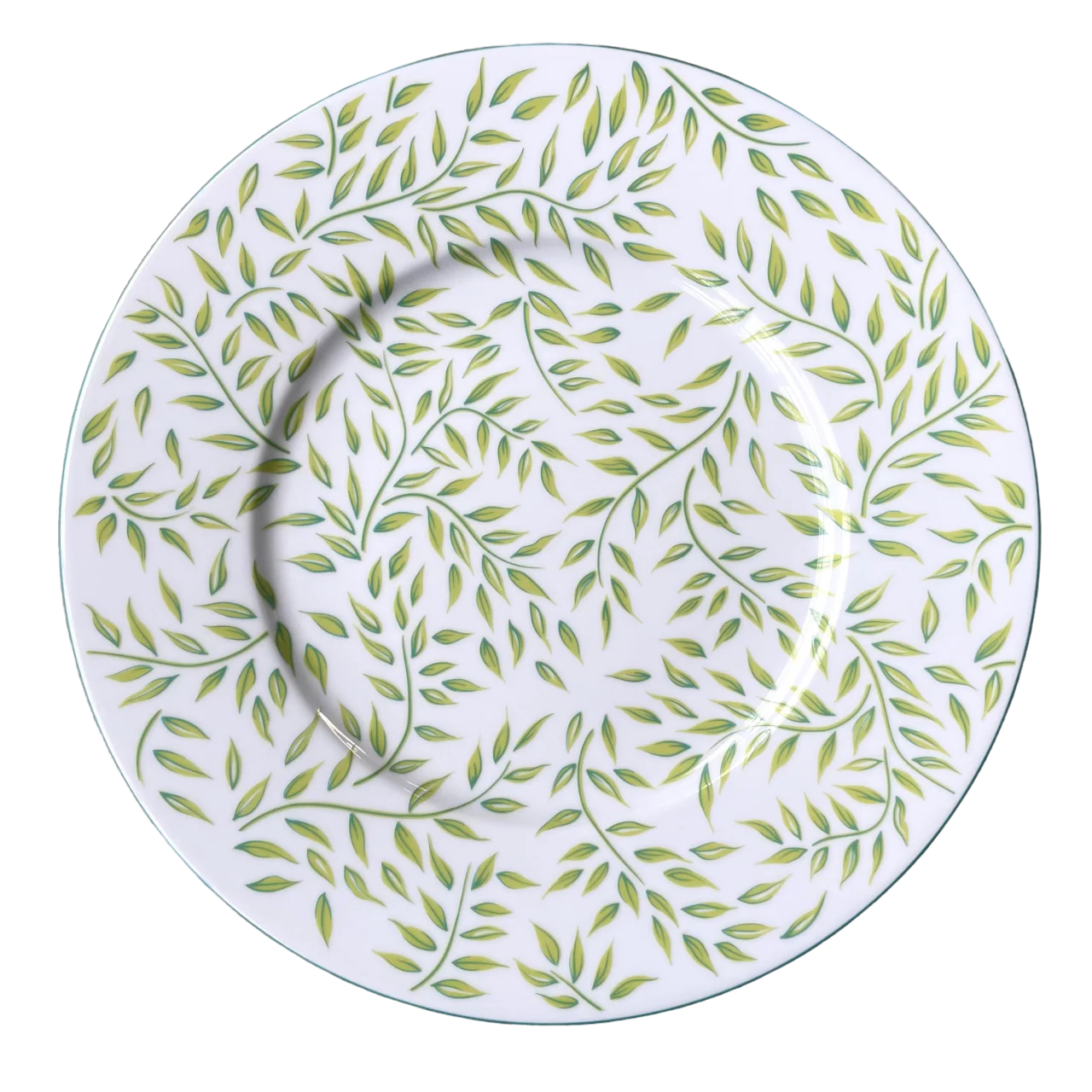 Olivier charger plate in white with green leaf patterns, featuring a smooth, round design.
