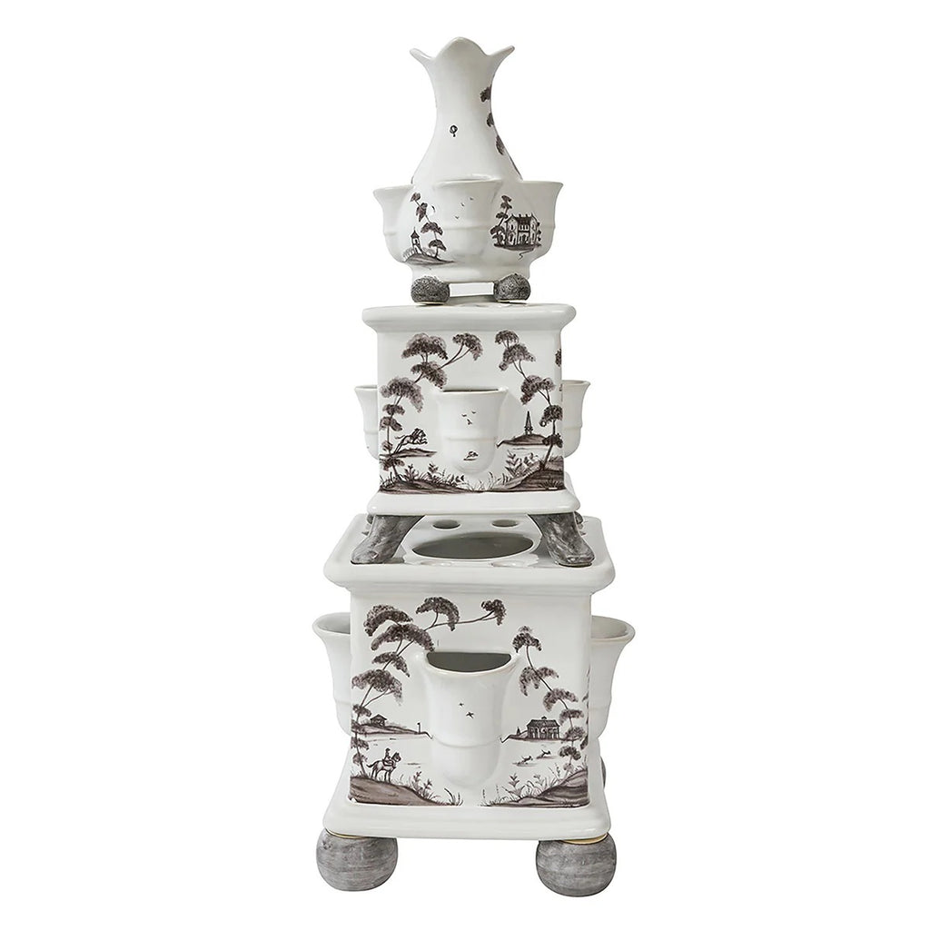 Tulipiere tower set in flint grey, featuring three stacked tiers with floral designs and multiple openings for stems.