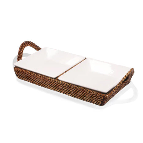 Handwoven Crudité Tray with  2 Porcelain Dishes
