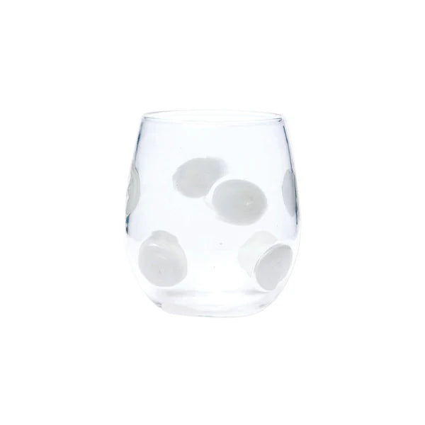 Stemless wine glass with a clear body and white drop-shaped patterns, suitable for casual dining.