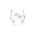 Stemless wine glass with a clear body and white drop-shaped patterns, suitable for casual dining.