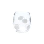 Stemless wine glass with a clear body and white drop-shaped patterns, suitable for casual dining.