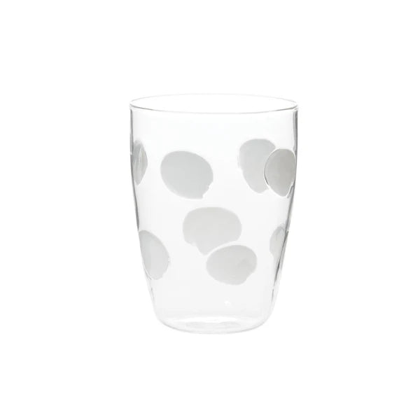 Clear tall tumbler with a drop white polka dot pattern on the exterior.