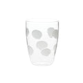 Clear tall tumbler with a drop white polka dot pattern on the exterior.