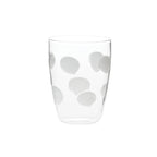 Clear tall tumbler with a drop white polka dot pattern on the exterior.