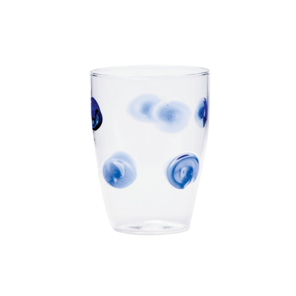 Drop blue tall tumbler with a clear body and blue dot patterns, showcasing a modern glassware design.