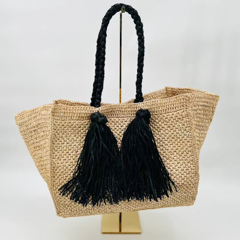 Natural and Black Camilla Raffia Bag