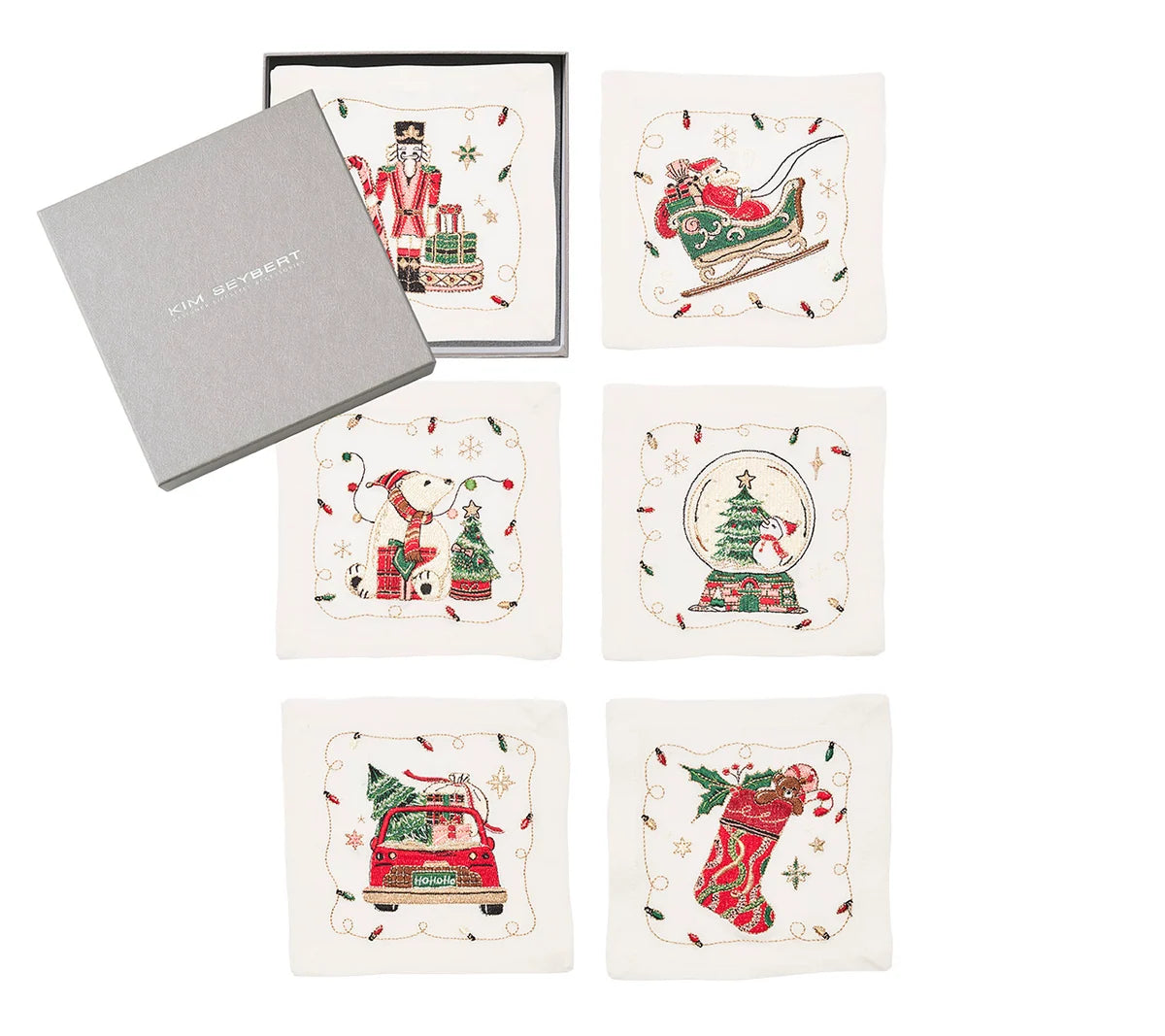Holly Jolly Cocktail Napkins, Set of 6 , White/Multi