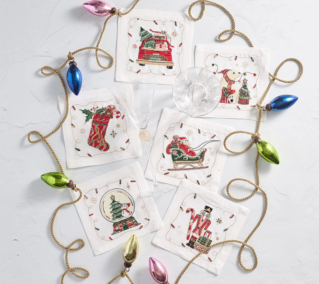 Holly Jolly Cocktail Napkins, Set of 6 , White/Multi