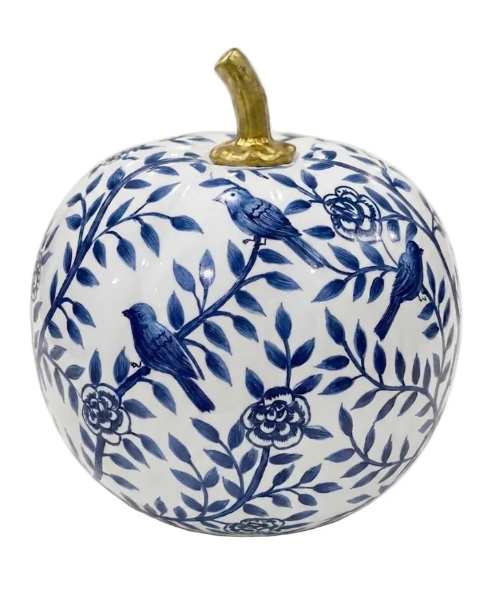 Navy Bird & Vine Pumpkin - 8in