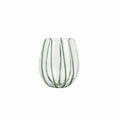 Nuovo stripe green stemless wine glass with vertical green stripes on a clear body, showcasing a modern design.