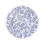 Olivier charger plate in blue featuring a leaf pattern on a white background.