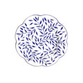 Olivier dessert plate in blue featuring a leaf pattern on a white background with a scalloped edge.