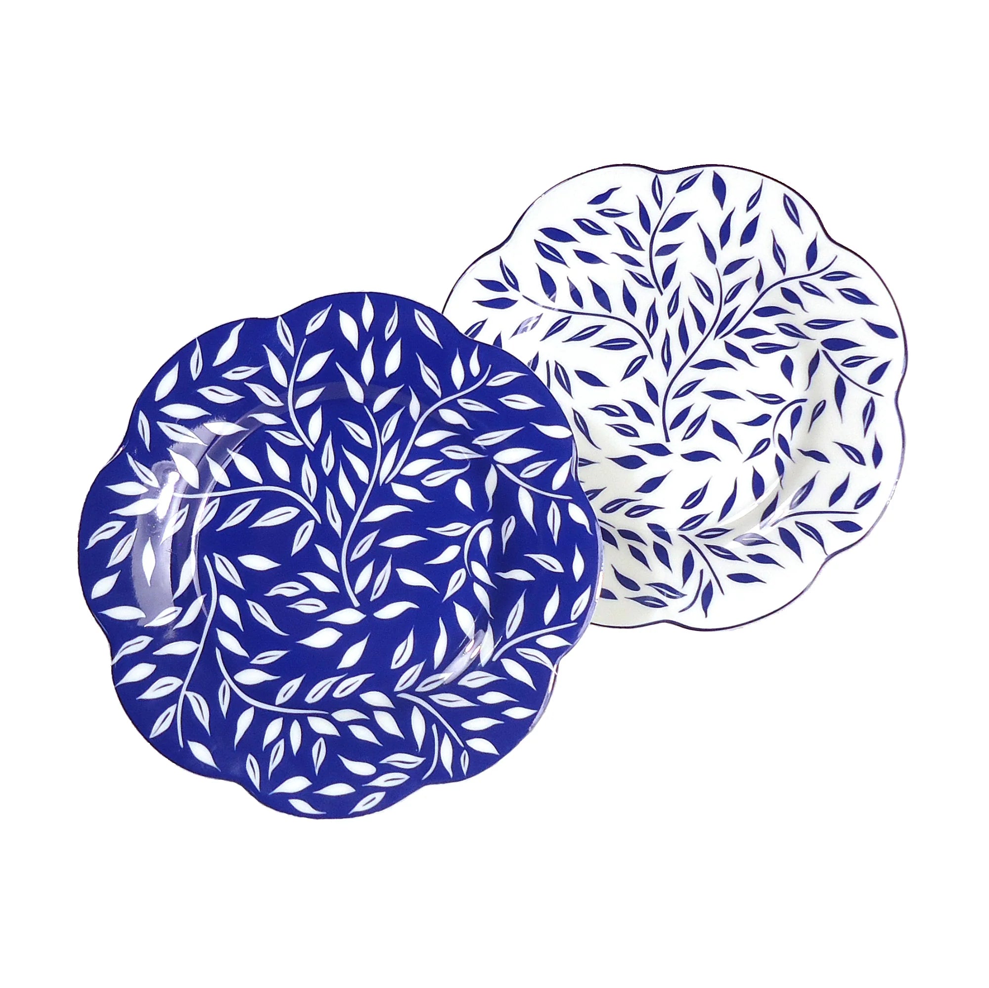 Olivier all-over dessert plate in blue with a leaf pattern and scalloped edge, displayed against a white background.