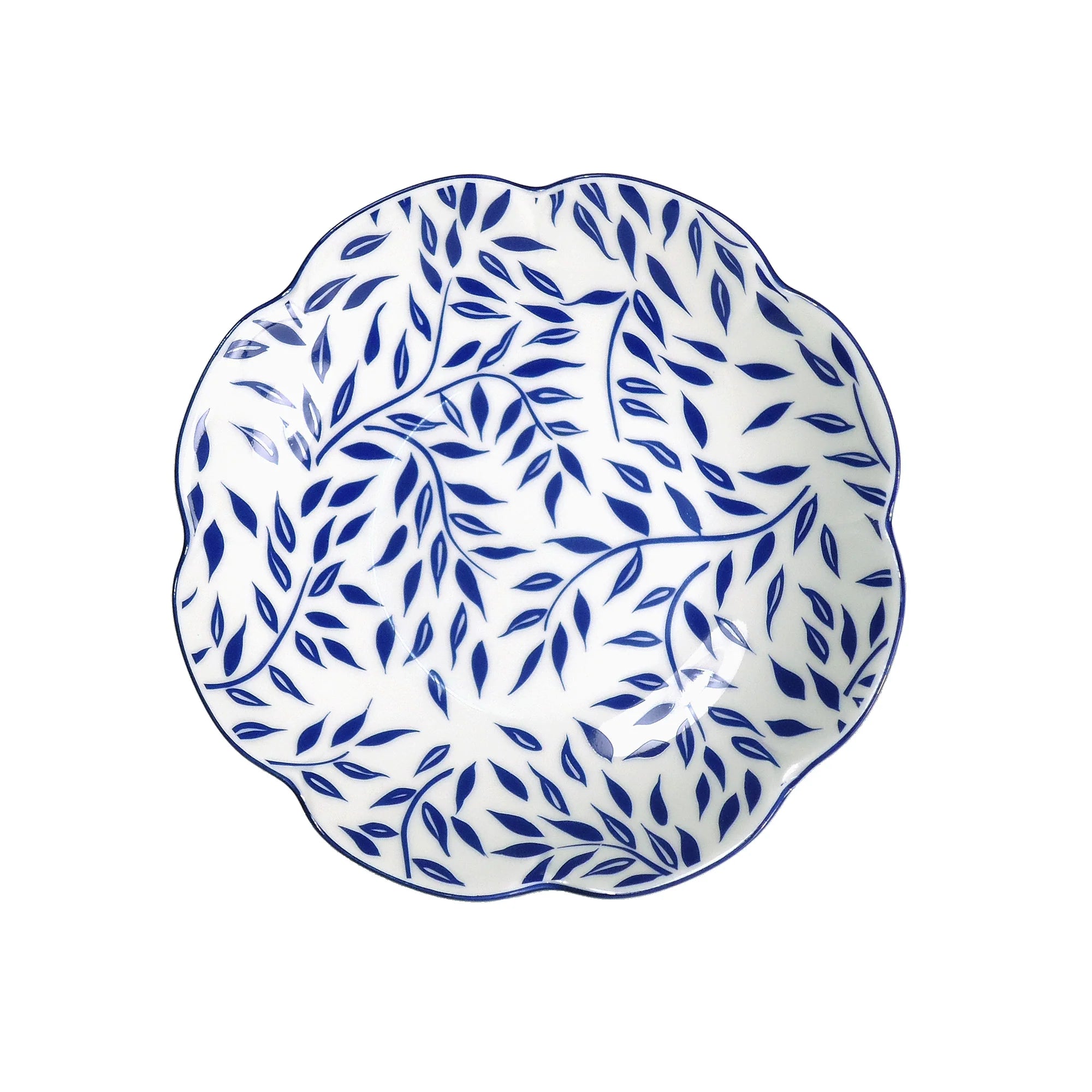 Olivier blue soup and cereal bowl featuring a white base with blue leaf patterns and a scalloped edge.