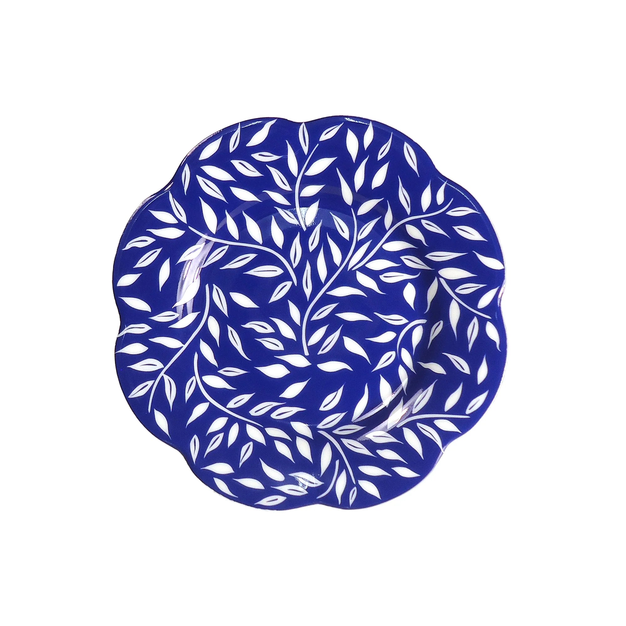 Olivier all-over dessert plate in blue with white leaf patterns and a scalloped edge.