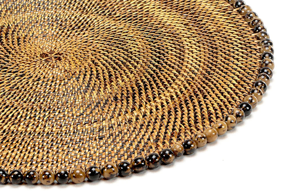 Round 14" Placemat with Tortoise, Natural Seed Beads, Set of 4