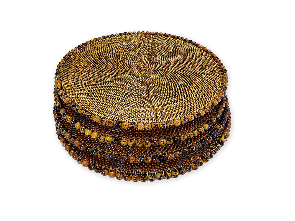 Round 14" Placemat with Tortoise, Natural Seed Beads, Set of 4