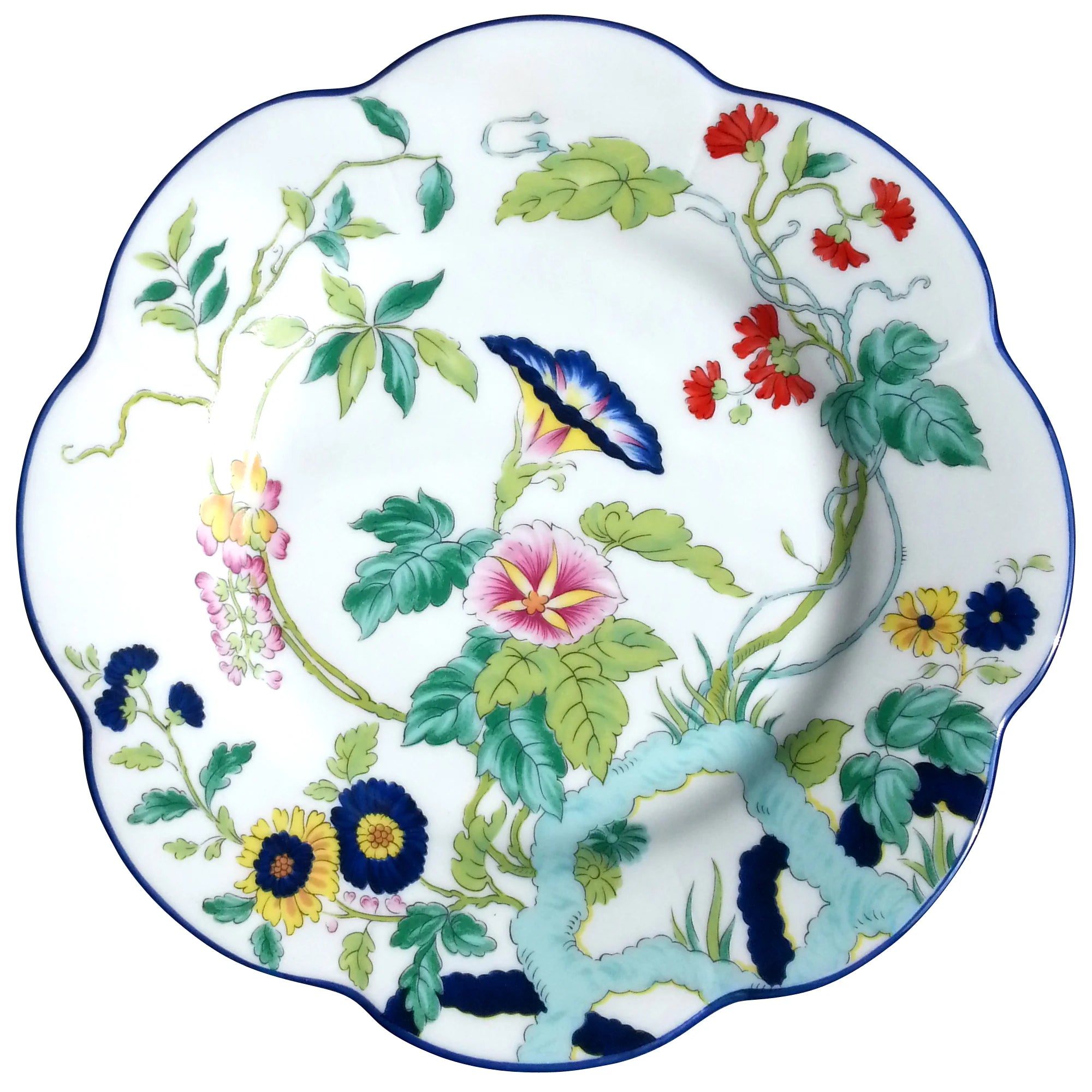 Paradis Bleu dessert plate featuring a floral design with colorful flowers and a scalloped edge.