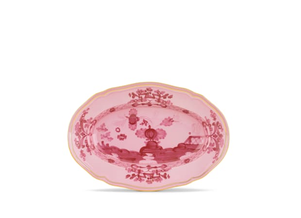 Oriente Italiano pickle dish by Propora, featuring a pink floral design with intricate detailing and an oval shape.