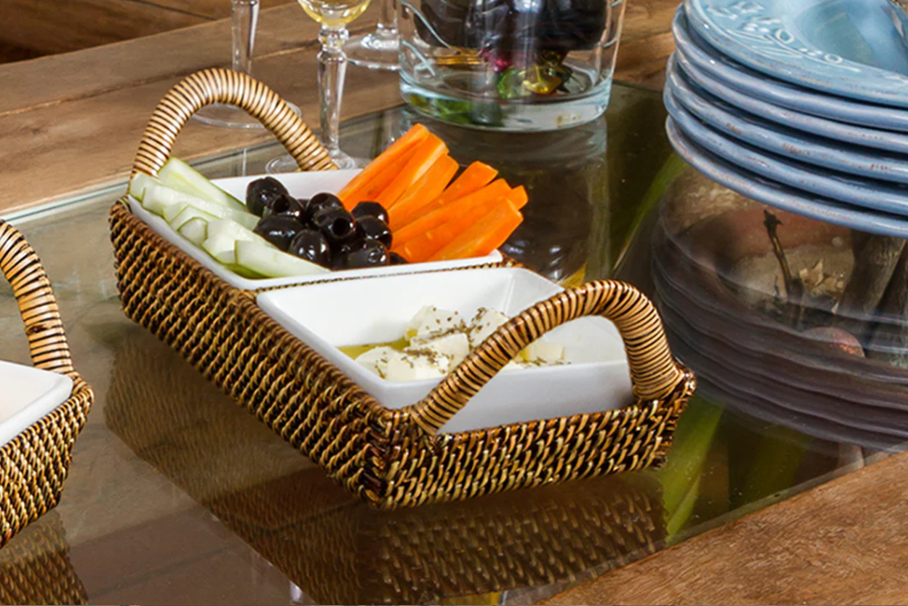Handwoven Crudité Tray with 2 Porcelain Dishes (Compact Size)