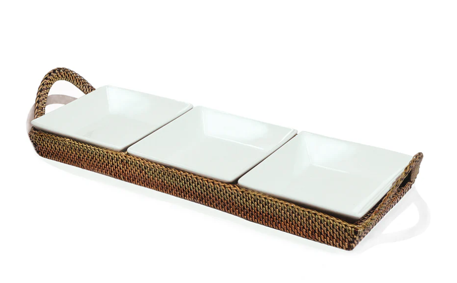 Handwoven Crudité Tray  with 3 Porcelain Dishes