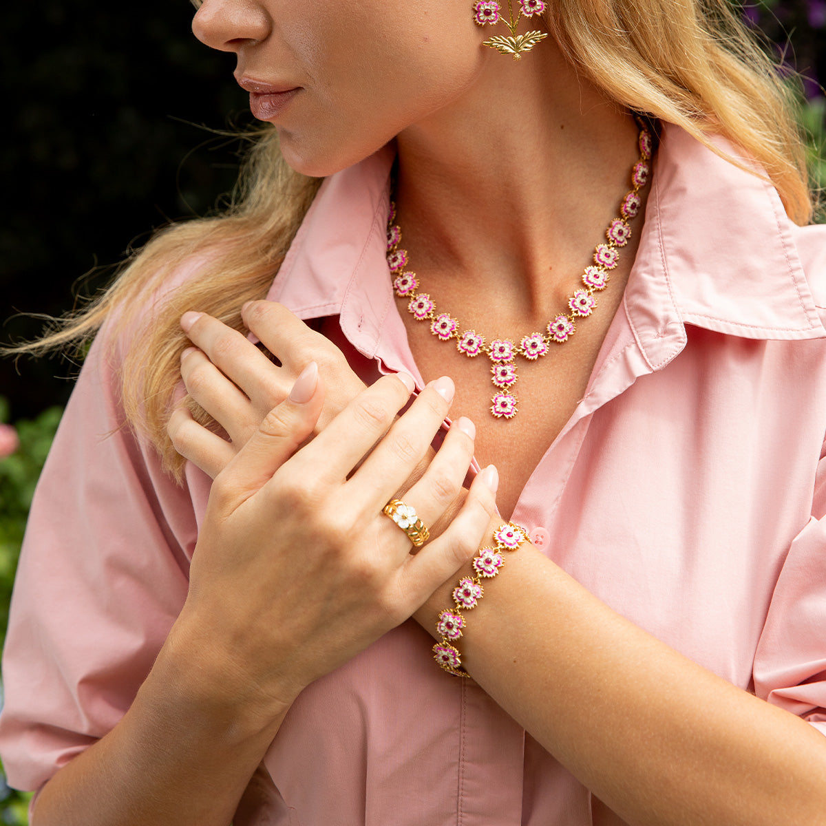 Dianthus Link Bracelet, 7"+1.5" - Enamel/Jade