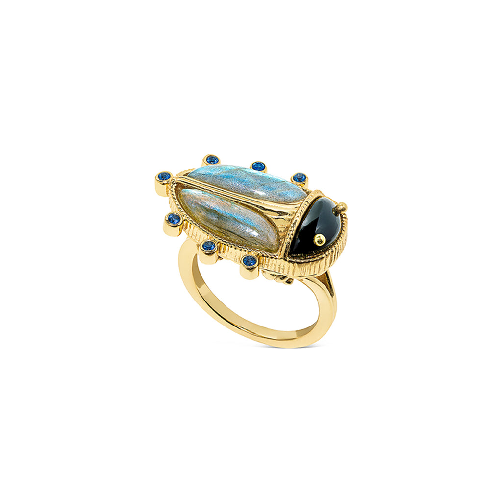 Scarab Ring, Size 7 - Blue Labradorite/Black Agate