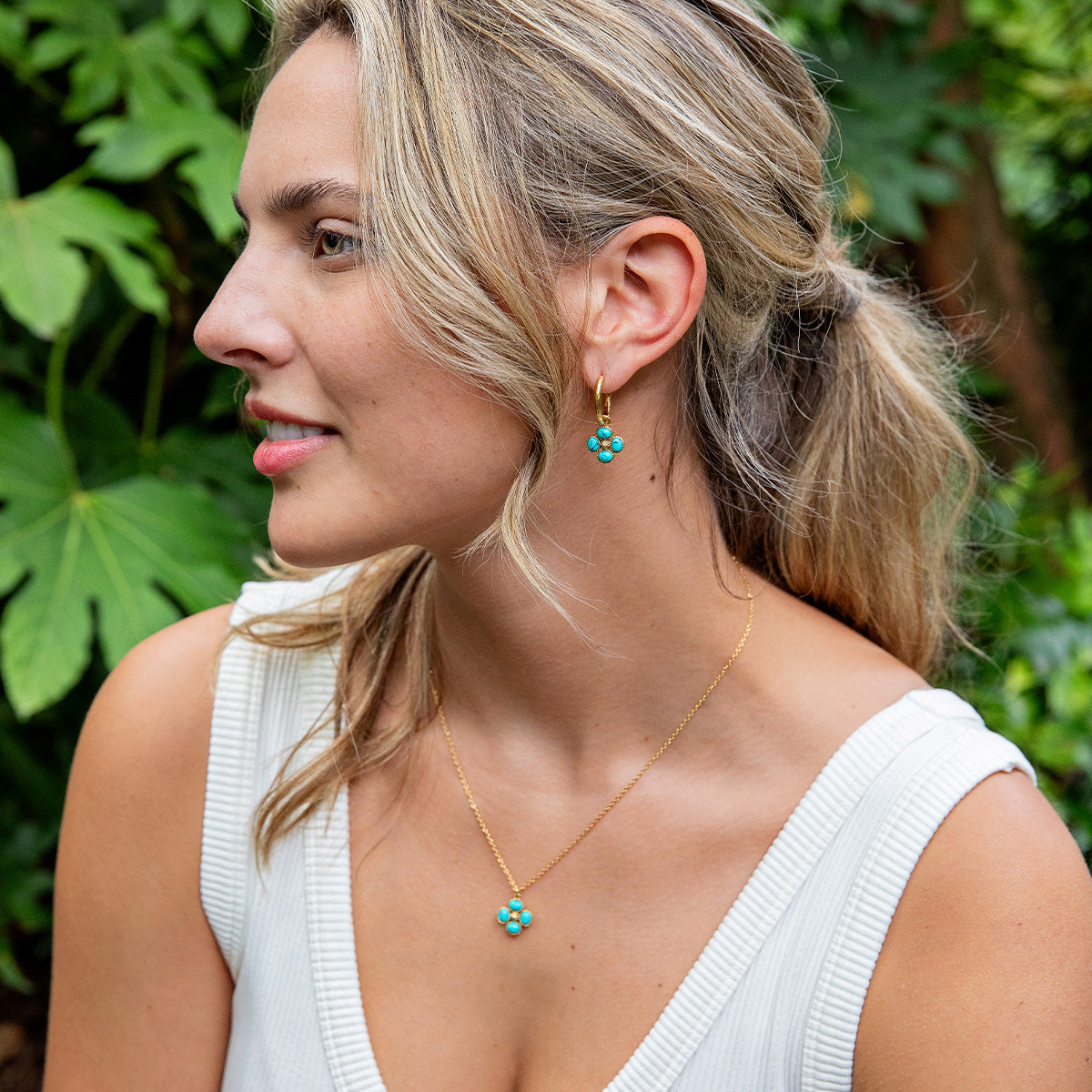 Berry Clover Hoop Earrings with Double Sided Charm - Turquoise