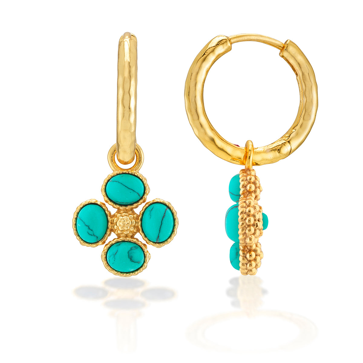 Berry Clover Hoop Earrings with Double Sided Charm - Turquoise