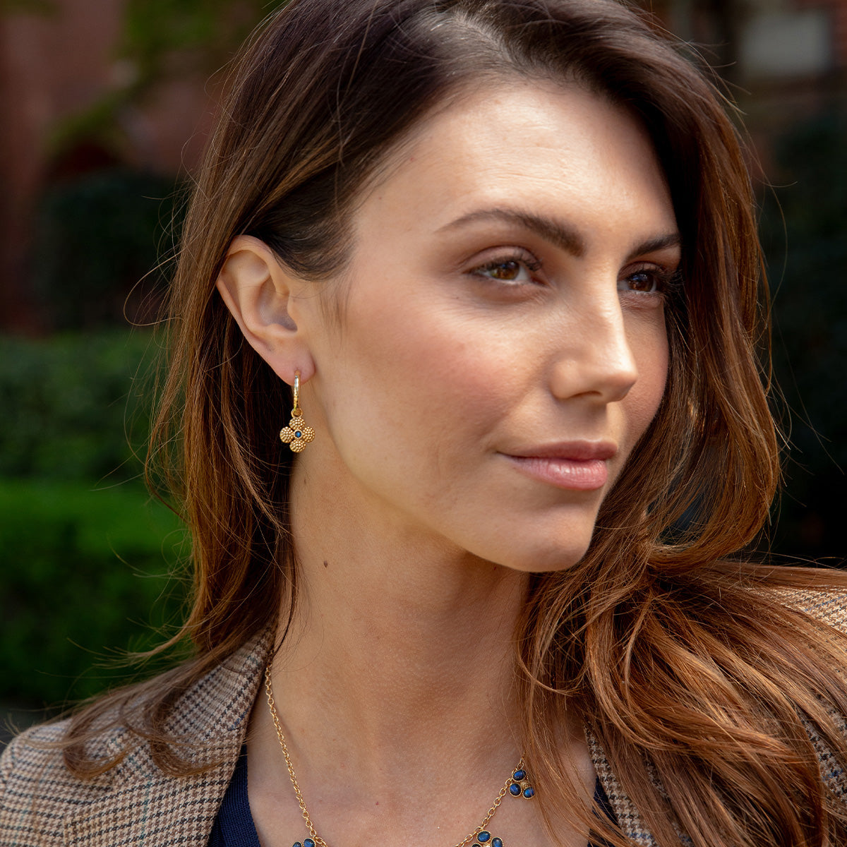 Berry Clover Hoop Earrings with Double Sided Charm - Blue Labradorite