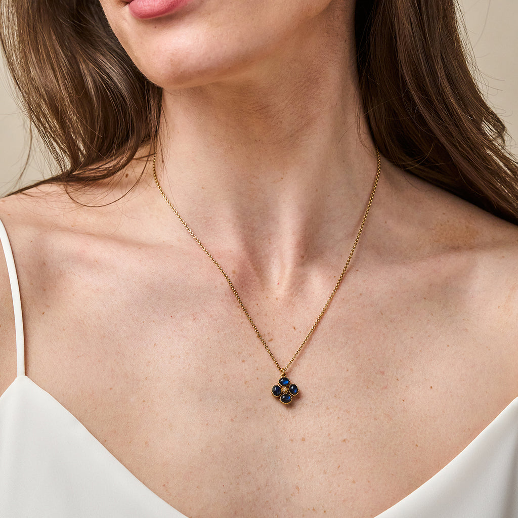 Berry Clover Double Sided Charm Necklace - Blue Labradorite